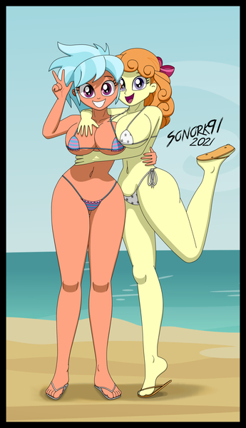Size: 1478x2570 | Tagged: suggestive, artist:sonork91, derpibooru import, frosty orange, orange sherbette, human, equestria girls, ass, beach, belly button, big breasts, bikini, breasts, busty frosty orange, busty orange sherbette, butt, clothes, duo, duo female, feet, female, grin, image, jpeg, looking at you, open mouth, sandals, side hug, smiling, swimsuit, wide hips