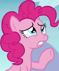 Size: 874x1044 | Tagged: safe, derpibooru import, screencap, pinkie pie, earth pony, pony, season 8, the maud couple, spoiler:s08, cropped, crying, female, image, mare, png, raised hoof, sad, solo, teary eyes, teeth