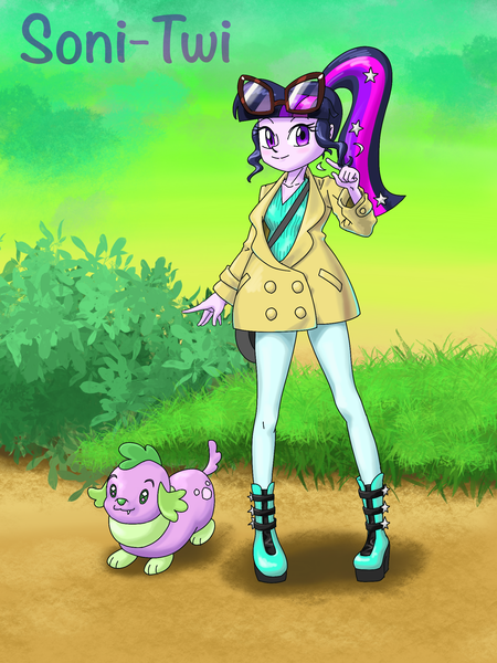 Size: 1668x2224 | Tagged: safe, artist:xjleiu, derpibooru import, sci-twi, spike, spike the regular dog, twilight sparkle, dog, equestria girls, boots, clothes, clothes swap, cosplay, costume, glasses, image, jacket, png, pokemon sword and shield, pokémon, ponytail, satchel, shoes, sonia (pokémon), yamper