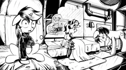 Size: 4252x2364 | Tagged: safe, artist:lexx2dot0, derpibooru import, oc, oc:blackjack, oc:p-21, earth pony, pony, unicorn, fallout equestria, fallout equestria: project horizons, black and white, book, comic, duo, fanfic art, grayscale, horn, image, monochrome, png, small horn