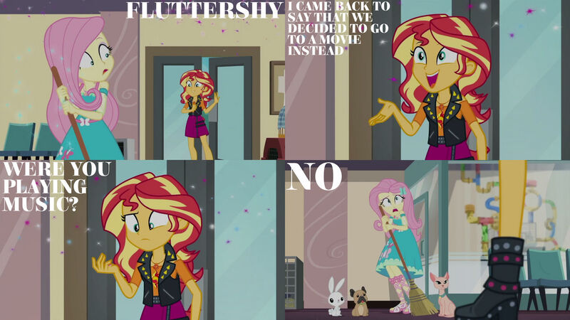 Size: 1280x720 | Tagged: safe, derpibooru import, edit, edited screencap, editor:quoterific, screencap, angel bunny, fluttershy, sunset shimmer, rabbit, equestria girls, equestria girls series, so much more to me, animal, broom, clothes, cutie mark, cutie mark on clothes, female, geode of empathy, geode of fauna, hairpin, image, jacket, jewelry, jpeg, leather, leather jacket, magical geodes, male, necklace, open mouth, sandals, shoes