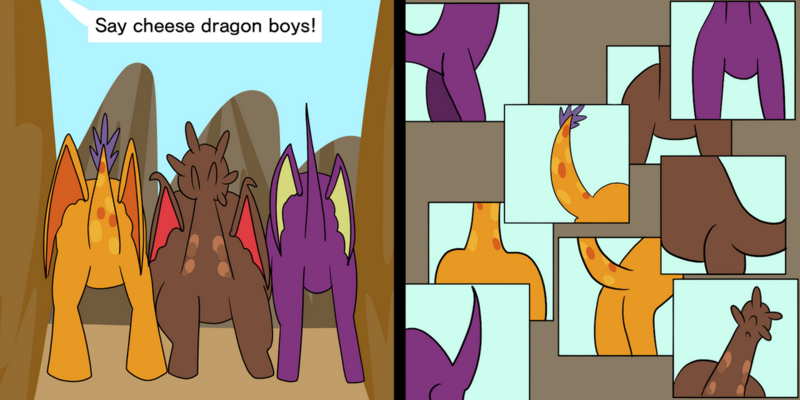 Size: 1280x640 | Tagged: safe, artist:platinumdrop, derpibooru import, billy (dragon), clump, fume, spear (dragon), dragon, butt, image, png, request, speech bubble