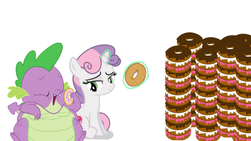 Size: 1190x670 | Tagged: suggestive, artist:calorie, derpibooru import, edit, editor:jaydee, spike, sweetie belle, dragon, pony, unicorn, chubby chaser, donut, fat, fat spike, female, food, image, male, png, shipping, spikebelle, straight