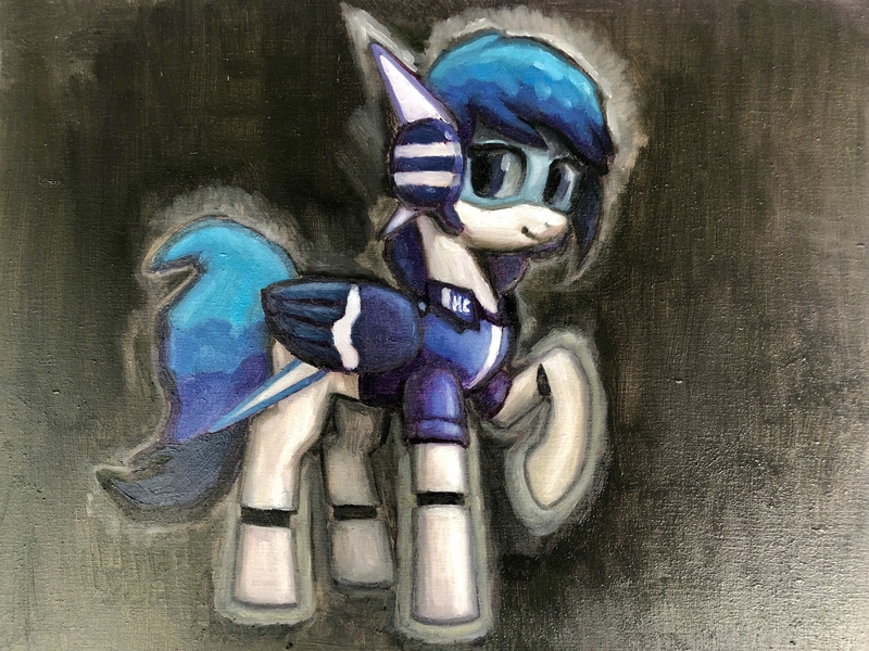 Size: 4028x3022 | Tagged: safe, artist:爱画画的刀刀, derpibooru import, oc, oc:horace, pony, robot, robot pony, hacker, image, jpeg, machine, mascot, oil painting, science, sword, technology, traditional art, weapon