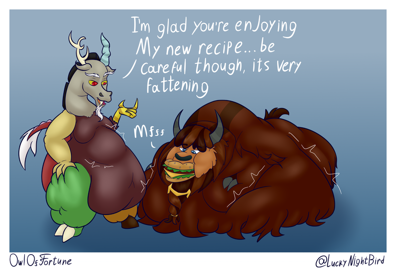 Size: 4200x2850 | Tagged: questionable, artist:owloffortune, derpibooru import, discord, oc, oc:yaklaar, draconequus, pony, yak, belly, belly bed, big belly, bingo wings, burger, chubby cheeks, dialogue, draco, fat, feedee, feeding, food, huge belly, image, immobile, impossibly large belly, large belly, lying down, male, morbidly obese, muffled moaning, neck roll, obese, png, prone, rolls of fat, stallion, weight gain, yak oc