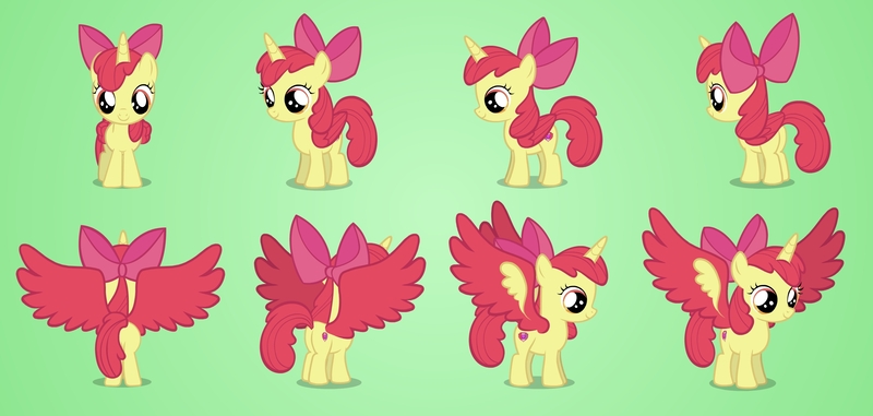 Size: 2600x1238 | Tagged: safe, artist:brutalweather studio, derpibooru import, apple bloom, alicorn, pony, adorabloom, alicornified, bloomicorn, colored wings, commission, cute, female, filly, glowing horn, horn, image, jpeg, magic, magic aura, model, part 1, part 2, race swap, solo, turnaround, updated, wings