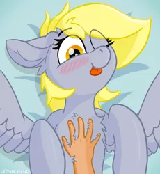 Size: 4000x4348 | Tagged: safe, artist:d3f4ult_4rt1st, derpibooru import, derpy hooves, human, pegasus, pony, blushing, chest fluff, cute, derpabetes, ear fluff, hand, human on pony petting, image, lying down, on back, one eye closed, petting, png, solo, spread wings, tongue out, wings