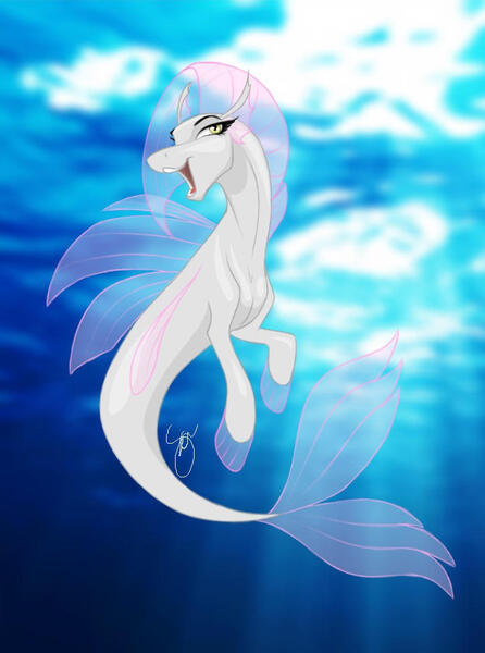 Size: 784x1054 | Tagged: safe, artist:amaryllisdreamer, derpibooru import, oc, unofficial characters only, seapony (g4), clothes, crepuscular rays, eyelashes, fins, fin wings, fish tail, flowing tail, image, jpeg, ocean, open mouth, see-through, signature, smiling, solo, sunlight, swimming, tail, teeth, underwater, water, wings, yellow eyes