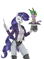Size: 1000x1316 | Tagged: safe, artist:baron engel, derpibooru import, edit, rarity, spike, anthro, dragon, pony, unicorn, beautiful, breasts, bunny ears, bunny out of the hat, clothes, cute, female, fishnet pantyhose, gloves, hat, horn, horn ring, image, implied shipping, implied sparity, implied straight, jewelry, magic trick, magic wand, magician outfit, magician rarity, male, mare, pencil drawing, png, raribetes, ring, top hat, traditional art
