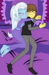 Size: 1262x1920 | Tagged: safe, artist:grapefruit-face, derpibooru import, trixie, oc, oc:grapefruit face, equestria girls, barefoot, base used, bed, blushing, canon x oc, clothes, eyes closed, feet, female, grapexie, image, male, pajamas, pillow, png, shipping, sleeping, smiling, straight