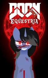 Size: 1867x2988 | Tagged: semi-grimdark, artist:isaac_pony, derpibooru import, oc, oc:shainer shrapnel shock, pony, unicorn, black background, blood, bloody, doom equestria, evil, female, horns, horseshoes, image, lesbian, logo, looking at you, pentagram, png, scratchtavia, shipping, simple background, smiling, smiling at you, solo, vector