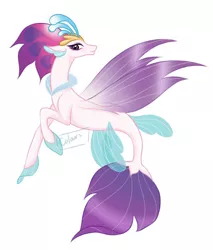 Size: 917x1074 | Tagged: safe, artist:coloursofrainbows, derpibooru import, queen novo, seapony (g4), my little pony: the movie, collar, colored pupils, crown, dorsal fin, eyelashes, female, fins, fin wings, fish tail, flowing tail, glow, image, jewelry, jpeg, purple eyes, purple wings, regalia, signature, simple background, smiling, solo, tail, white background, wings