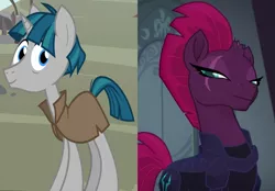 Size: 1151x803 | Tagged: safe, derpibooru import, edit, edited screencap, screencap, stygian, tempest shadow, my little pony: the movie, shadow play, clothes, cropped, eye scar, female, image, male, png, robe, scar, shipping, shipping domino, straight, tempgian
