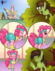 Size: 2550x3300 | Tagged: suggestive, artist:horsepen, derpibooru import, pinkie pie, oc, oc:colt anon, earth pony, pony, binoculars, comic, image, peeping tom, png, spying, sugarcube corner, tree, waving, workout, workout outfit