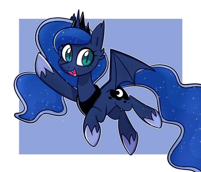 Size: 1750x1500 | Tagged: safe, artist:handgunboi, edit, princess luna, alicorn, bat, bat pony, bat pony alicorn, pony, abstract background, bat ponified, bat wings, fangs, female, flying, horn, image, jpeg, looking at you, lunabat, open mouth, open smile, outline, race swap, simple background, slit eyes, smiling, watermark removal, white background, wings