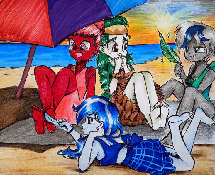 Size: 988x809 | Tagged: safe, artist:liaaqila, derpibooru import, oc, oc:balmoral, oc:elizabat stormfeather, oc:olivia leaf, oc:venus red heart, unofficial characters only, equestria girls, barefoot, beach, beach umbrella, bedroom eyes, bikini, bikini bottom, bikini top, bracelet, clothes, commission, dress, ear piercing, earring, equestria girls-ified, feather, feet, female, fetish, foot fetish, glasses, grin, headband, image, jewelry, jpeg, kilt, laughing, lying down, open mouth, piercing, prone, smiling, smirk, soles, sunset, swimsuit, the pose, tickle torture, tickling, traditional art, umbrella, water