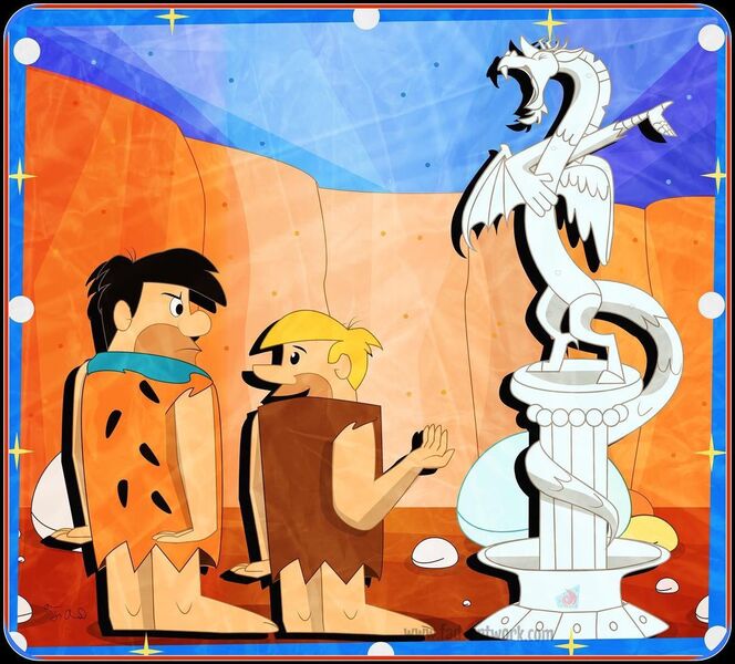 Size: 1080x976 | Tagged: safe, artist:fadartworkpage, derpibooru import, discord, draconequus, human, barney rubble, crossover, digital art, flintstones, fred flintstone, hanna barbera, image, jpeg, looking at each other, male, orange background, retro, signature, simple background, statue, story included, talking, unamused