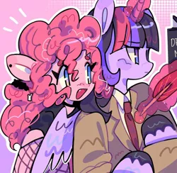 Size: 1080x1052 | Tagged: safe, artist:bland__boy, derpibooru import, pinkie pie, twilight sparkle, twilight sparkle (alicorn), alicorn, earth pony, semi-anthro, clothes, crossover, death note, eyebrows, eyebrows visible through hair, female, fishnets, glowing horn, horn, image, jpeg, lesbian, light yagami, magic, magic aura, misa amane, necktie, open mouth, open smile, quill, shipping, smiling, suit, telekinesis, twinkie, white outline