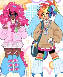 Size: 1080x1307 | Tagged: safe, artist:bland__boy, derpibooru import, pinkie pie, rainbow dash, human, alternate hairstyle, bandaid, clothes, cutie mark, cutie mark on clothes, duo, eared humanization, ear piercing, earring, humanized, image, jewelry, jpeg, leg warmers, peace sign, piercing, pigtails, shoes, shoulder bag, skirt, sweater, tailed humanization, twintails, winged humanization, wings, wonderbolts logo