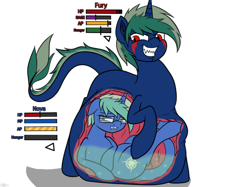 Size: 1500x1200 | Tagged: questionable, artist:novaspark, derpibooru import, oc, oc:fury spark, oc:nova spark, unofficial characters only, monster pony, original species, tatzlpony, belly, blushing, digestion, fangs, glasses, health bars, image, internal, life bar, png, simple background, transparent background, vore, x-ray