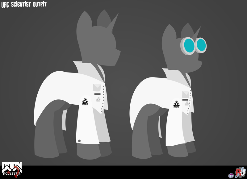 Size: 2826x2049 | Tagged: safe, artist:isaac_pony, derpibooru import, pony, unicorn, badge, buttons, doom equestria, female, glasses, horn, image, logo, male, png, scientist, text, uac, vector