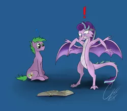 Size: 2624x2285 | Tagged: safe, artist:theravencriss, derpibooru import, spike, starlight glimmer, ponified, dragon, pony, book, colt, dragoness, dragonified, duo, exclamation point, female, glimmerdragon, gradient background, image, jpeg, magical mishap, male, ponified spike, species swap, transformation