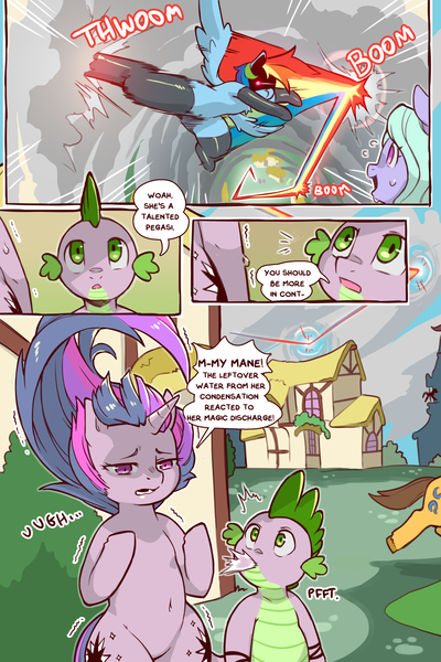 Size: 960x1440 | Tagged: safe, artist:cold-blooded-twilight, derpibooru import, caramel, flitter, rainbow dash, spike, twilight sparkle, dragon, pegasus, pony, unicorn, cold blooded twilight, comic:cold storm, bipedal, both cutie marks, carousel boutique, cloud, cloudy, comic, dialogue, female, image, kicking, male, messy mane, onomatopoeia, png, rainbow trail, raised leg, raspberry, raspberry noise, running, speech bubble, spread wings, tongue out, wings