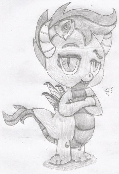 Size: 1384x2024 | Tagged: safe, artist:perplexedpegasus, derpibooru import, scootaloo, dragon, crossed arms, dragoness, dragonified, female, image, jpeg, monochrome, scootadragon, solo, species swap, traditional art