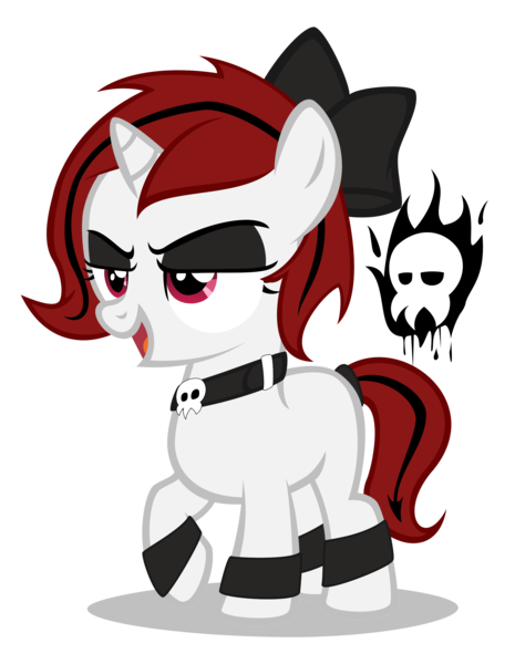 Size: 2340x3020 | Tagged: safe, artist:strategypony, derpibooru import, oc, oc:bubbles, oc:lilith, unofficial characters only, pony, succubus, unicorn, blank flank, bow, collar, cute, eyeshadow, female, filly, high res, horn, image, ink, lidded eyes, makeup, ocbetes, open mouth, open smile, png, raised hoof, simple background, skull, smiling, transparent background, unicorn oc