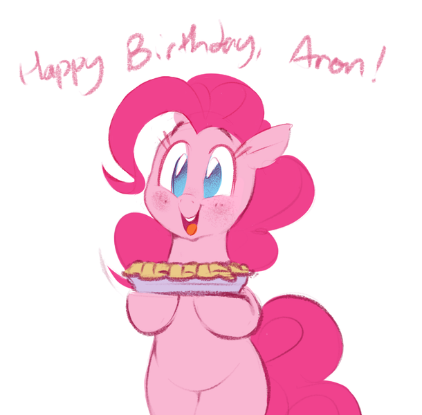 Size: 1288x1266 | Tagged: safe, artist:hattsy, ponybooru import, pinkie pie, earth pony, pony, bipedal, blushing, female, food, happy birthday, hoof hold, image, implied anon, looking at you, mare, open mouth, pie, png, simple background, smiling, solo, talking, talking to viewer, white background