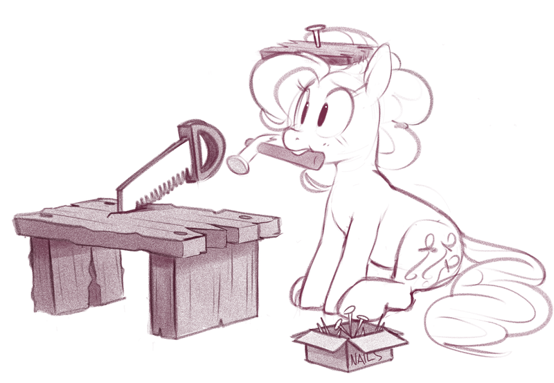 Size: 3444x2379 | Tagged: safe, artist:hattsy, ponybooru import, pinkie pie, earth pony, pony, box, female, hacksaw, hammer, image, mare, monochrome, mouth hold, nails, plank, png, simple background, sitting, sketch, solo, spongebob reference, white background, workbench