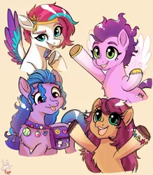 Size: 1300x1481 | Tagged: safe, artist:puyohh, derpibooru import, izzy moonbow, pipp petals, sunny starscout, zipp storm, earth pony, pegasus, pony, unicorn, :p, adorapipp, adorazipp, alternate hairstyle, bag, ball, bracelet, chest fluff, cute, female, g5, hair swap, image, izzy's tennis ball, izzybetes, jewelry, jpeg, mane swap, mare, markings, missing horn, open mouth, pointing, pointing at self, raised hoof, saddle bag, siblings, simple background, sisters, sunnybetes, tennis ball, tongue out, unshorn fetlocks, yellow background