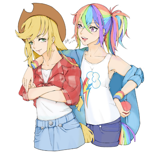 Size: 500x522 | Tagged: artist needed, source needed, safe, artist:yumu3699, derpibooru import, applejack, rainbow dash, human, appledash, applejack's hat, arm on shoulder, cowboy hat, crossed arms, female, hat, humanized, image, jpeg, lesbian, looking at each other, ponytail, shipping, simple background, smiling, white background