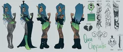 Size: 1280x545 | Tagged: safe, artist:galaxiedream, derpibooru import, queen chrysalis, human, barefoot, belt, boots, bra, bracelet, choker, clothes, commission, crown, dark skin, dress, ear piercing, earring, elf ears, eyeshadow, fangs, feet, female, fishnets, gray background, green underwear, high heel boots, humanized, image, jacket, jewelry, jpeg, leather jacket, lipstick, makeup, nail polish, nose piercing, open mouth, panties, piercing, reference sheet, regalia, shoes, simple background, skirt, sleeveless, sleeveless sweater, solo, spiked choker, spiked wristband, sweater, tanktop, tattoo, toenail polish, tongue piercing, torn clothes, underwear, winged humanization, wings, wristband