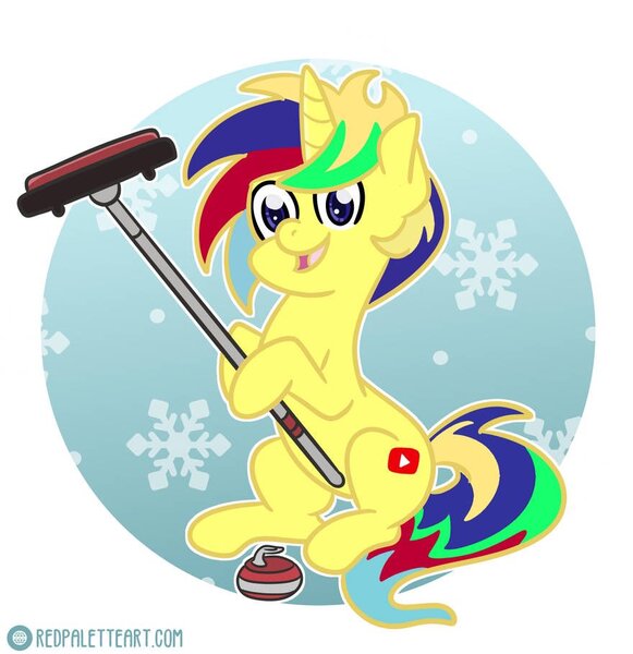 Size: 880x908 | Tagged: safe, artist:redpalette, derpibooru import, oc, oc:sour patch, pony, unicorn, abstract background, curling, cute, horn, image, jpeg, male, smiling, snow, snowflake, sports, stallion, unicorn oc