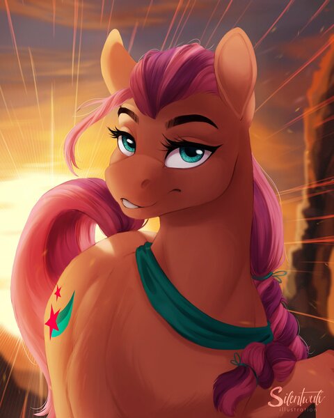 Size: 2400x3000 | Tagged: safe, artist:silentwulv, derpibooru import, sunny starscout, earth pony, pony, braid, cloud, cute, female, g5, high res, image, jpeg, looking at you, mare, signature, sky, solo, sun, sunnybetes, sunset