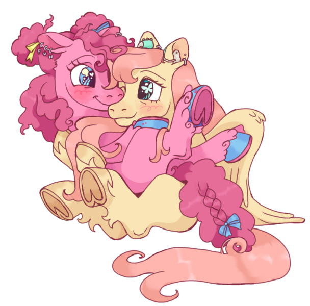 Size: 1280x1263 | Tagged: safe, artist:universal-heart, derpibooru import, fluttershy, pinkie pie, earth pony, pegasus, pony, alternate hairstyle, blushing, bow, braid, ear piercing, female, flutterpie, frog (hoof), hair bow, holding a pony, image, lesbian, looking at each other, mare, missing cutie mark, piercing, png, shipping, simple background, transparent background, underhoof, unshorn fetlocks, wingding eyes