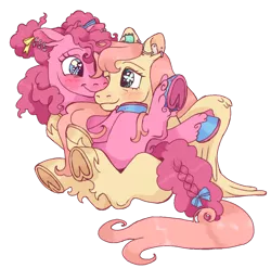 Size: 1280x1263 | Tagged: safe, artist:universal-heart, derpibooru import, fluttershy, pinkie pie, earth pony, pegasus, pony, alternate hairstyle, blushing, bow, braid, ear piercing, female, flutterpie, frog (hoof), hair bow, holding a pony, image, lesbian, looking at each other, mare, missing cutie mark, piercing, png, shipping, simple background, transparent background, underhoof, unshorn fetlocks, wingding eyes