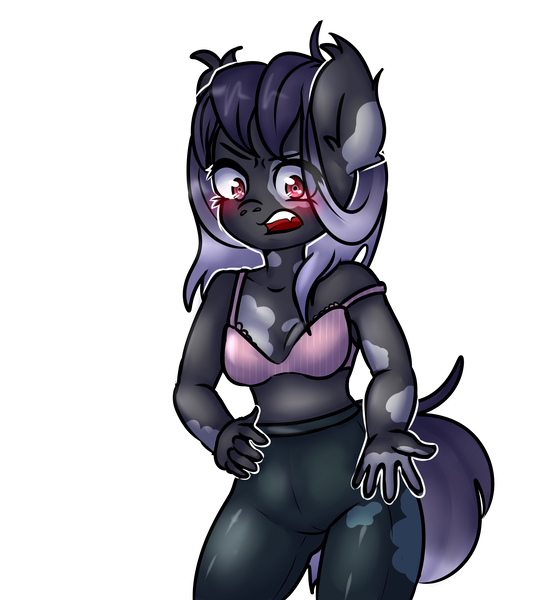 Size: 2800x3000 | Tagged: safe, artist:0blackster, derpibooru import, oc, unofficial characters only, anthro, bat pony, pony, bat pony oc, bat wings, belly button, blushing, bra, breasts, clothes, commission, digital art, embarrassed, female, image, pants, png, simple background, solo, tail, tight clothing, underwear, white background, wings