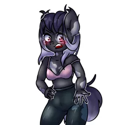 Size: 2800x3000 | Tagged: safe, artist:0blackster, derpibooru import, oc, unofficial characters only, anthro, bat pony, pony, bat pony oc, bat wings, belly button, blushing, bra, breasts, clothes, commission, digital art, embarrassed, female, image, pants, png, simple background, solo, tail, tight clothing, underwear, white background, wings