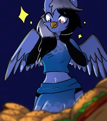 Size: 3000x3400 | Tagged: safe, artist:0blackster, derpibooru import, oc, unofficial characters only, anthro, gryphon, beak, belly button, breasts, burger, clothes, commission, digital art, female, food, griffon oc, heterochromia, image, jpeg, licking, licking lips, sitting, solo, spread wings, tail, tongue out, wide hips, wings