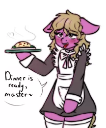 Size: 5000x6000 | Tagged: suggestive, artist:0blackster, derpibooru import, oc, unofficial characters only, earth pony, pony, semi-anthro, apron, blushing, clothes, commission, dialogue, digital art, dress, female, floppy ears, food, hooves, image, lewd, maid, mare, open mouth, png, serving, simple background, socks, solo, speech bubble, stockings, tail, talking, text, thigh highs, tongue out, white background, ych result