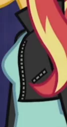 Size: 1920x3609 | Tagged: safe, derpibooru import, screencap, sunset shimmer, acadeca, equestria girls, friendship games, boobshot, breasts, busty sunset shimmer, clothes, cropped, female, image, jacket, jpeg, leather, leather jacket, pictures of chests, solo