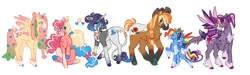 Size: 3978x1201 | Tagged: safe, artist:snailpups, derpibooru import, applejack, fluttershy, pinkie pie, rainbow dash, rarity, twilight sparkle, twilight sparkle (alicorn), alicorn, classical unicorn, earth pony, pegasus, pony, unicorn, alternate design, bracelet, cloven hooves, coat markings, colored wings, female, flower, flower in hair, glasses, image, jewelry, jpeg, leonine tail, mane six, mare, multicolored hooves, multicolored wings, necklace, rainbow wings, ring, simple background, socks (coat marking), tail, tail feathers, tail ring, twitterina design, unshorn fetlocks, white background, wings