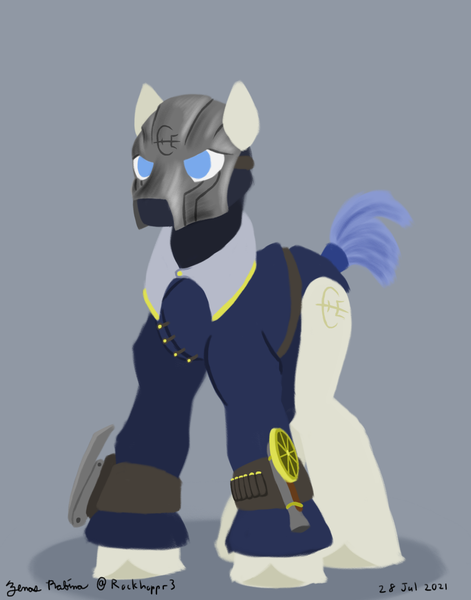 Size: 1100x1400 | Tagged: safe, artist:rockhoppr3, derpibooru import, oc, unofficial characters only, earth pony, pony, clothes, dishonored, gun, image, lineless, male, mask, png, simple background, solo, stallion, sword, unshorn fetlocks, weapon