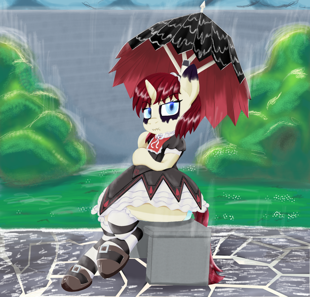 Size: 2010x1920 | Tagged: safe, artist:mrleft, derpibooru import, oc, oc:ossea, pony, semi-anthro, unicorn, blue eyes, bush, clothes, courtyard, female, glare, glowing eyes, gothic, horn, horse shoes, image, looking at you, maid, makeup, png, rain, red mane, red tail, sitting, socks, solo, umbrella, unicorn oc, white coat