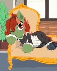 Size: 1024x1280 | Tagged: safe, artist:mrleft, derpibooru import, oc, oc:withania nightshade, earth pony, original species, plant pony, pony, brown eyes, brown mane, brown tail, clothes, couch, earth pony oc, fainting couch, female, green coat, horse shoes, image, indoors, looking at you, looking up, maid, one eye closed, plant, png, smiling, solo, squishy cheeks, window