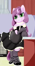 Size: 1038x1920 | Tagged: safe, artist:mrleft, derpibooru import, oc, oc:mulberry tart, pony, semi-anthro, unicorn, bipedal, bipedal leaning, cabinet, clothes, coat markings, female, freckles, green eyes, horn, horse shoes, image, kitchen, leaning, looking at you, maid, makeup, oven, pink coat, png, punk, purple mane, purple tail, solo, spikes, unicorn oc, unmoving plaid