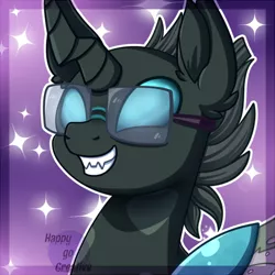 Size: 500x500 | Tagged: safe, artist:happy-go-creative, derpibooru import, oc, oc:tarsi, changeling, avatar, bust, commission, glasses, grin, icon, image, png, portrait, purple, smiling, your character here