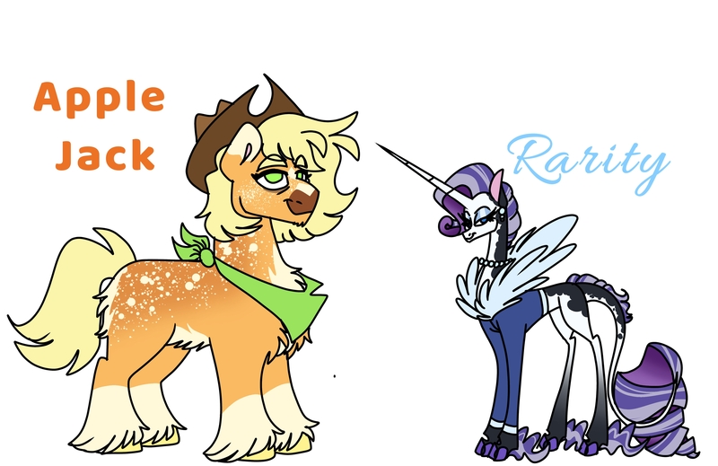 Size: 3789x2458 | Tagged: safe, artist:dodiejinx, derpibooru import, applejack, rarity, classical unicorn, unicorn, applejack's hat, clothes, cloven hooves, coat markings, cowboy hat, dappled, granny smith's shawl, hat, headcanon, horn, image, jacket, jewelry, jpeg, leonine tail, long horn, necklace, older, older applejack, older rarity, pearl necklace, skunk stripe, unshorn fetlocks